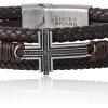 imageLucky Brand Textured Cross Triple Row Brown Bracelet for Men 85quot Antique Silver FlashPlated Cross Jewelry