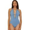 imageLucky Brand Womens Malaga Crochet Trim High Neck One Piece Swimsuit Adjustable Bathing SuitsWisteria