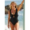 imageLucky Brand Womens Sea of Love Ruffle One Piece Swimsuit Plunge Neck Bathing SuitsBlack
