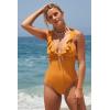 imageLucky Brand Womens Sea of Love Ruffle One Piece Swimsuit Plunge Neck Bathing SuitsGold
