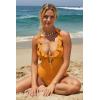imageLucky Brand Womens Sea of Love Ruffle One Piece Swimsuit Plunge Neck Bathing SuitsGold