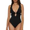imageLucky Brand Womens Sea of Love Ruffle One Piece Swimsuit Plunge Neck Bathing SuitsBlack