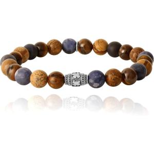 imageLucky Brand Jasper and Tiger Eye Bracelet Stretch Beaded Bracelet for Men with Logo Bead and Jasper and Tigers Eye Beads