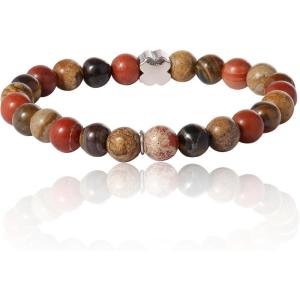 imageLucky Brand Red Jasper Mens Bracelet Stretch Beaded Bracelet for Men with CloverLogo and Jasper Beads