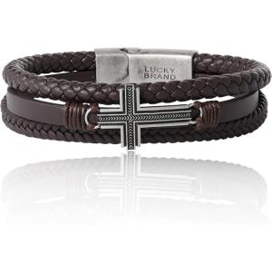 imageLucky Brand Textured Cross Triple Row Brown Bracelet for Men 85quot Antique Silver FlashPlated Cross Jewelry