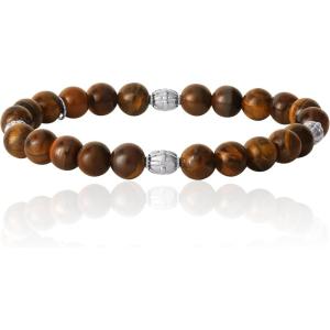 imageLucky Brand Tiger Eye Bracelet for Men Silver FlashPlated Brass and Tigers Eye Bead Bracelet Stretch Beaded Bracelet