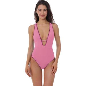 imageLucky Brand Womens Marbella Maillot One Piece Swimsuit Plunge Neck Bathing SuitsPinkie