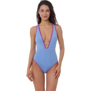 imageLucky Brand Womens Marbella Maillot One Piece Swimsuit Plunge Neck Bathing SuitsProvence Blue