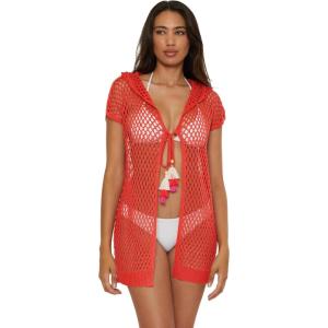 imageLucky Brand Womens Morro Hooded Fishnet Beach Cover Up Casual Swimsuit TopsCoral