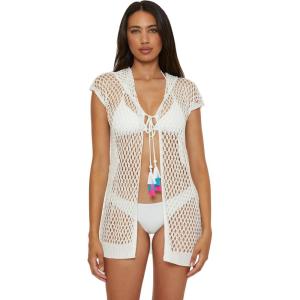 imageLucky Brand Womens Morro Hooded Fishnet Beach Cover Up Casual Swimsuit TopsWhite