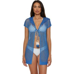 imageLucky Brand Womens Morro Hooded Fishnet Beach Cover Up Casual Swimsuit TopsWisteria