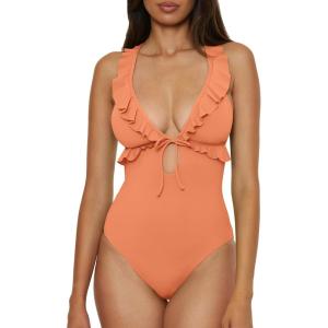 imageLucky Brand Womens Sea of Love Ruffle One Piece Swimsuit Plunge Neck Bathing SuitsApricot Ice