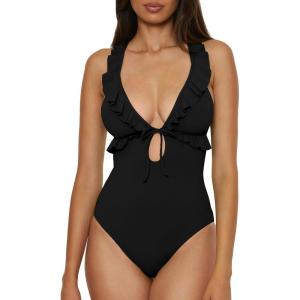 imageLucky Brand Womens Sea of Love Ruffle One Piece Swimsuit Plunge Neck Bathing SuitsBlack
