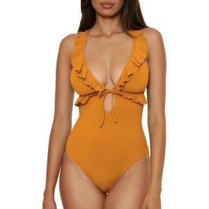 imageLucky Brand Womens Sea of Love Ruffle One Piece Swimsuit Plunge Neck Bathing SuitsGold