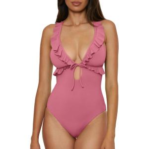 imageLucky Brand Womens Sea of Love Ruffle One Piece Swimsuit Plunge Neck Bathing SuitsPinkie