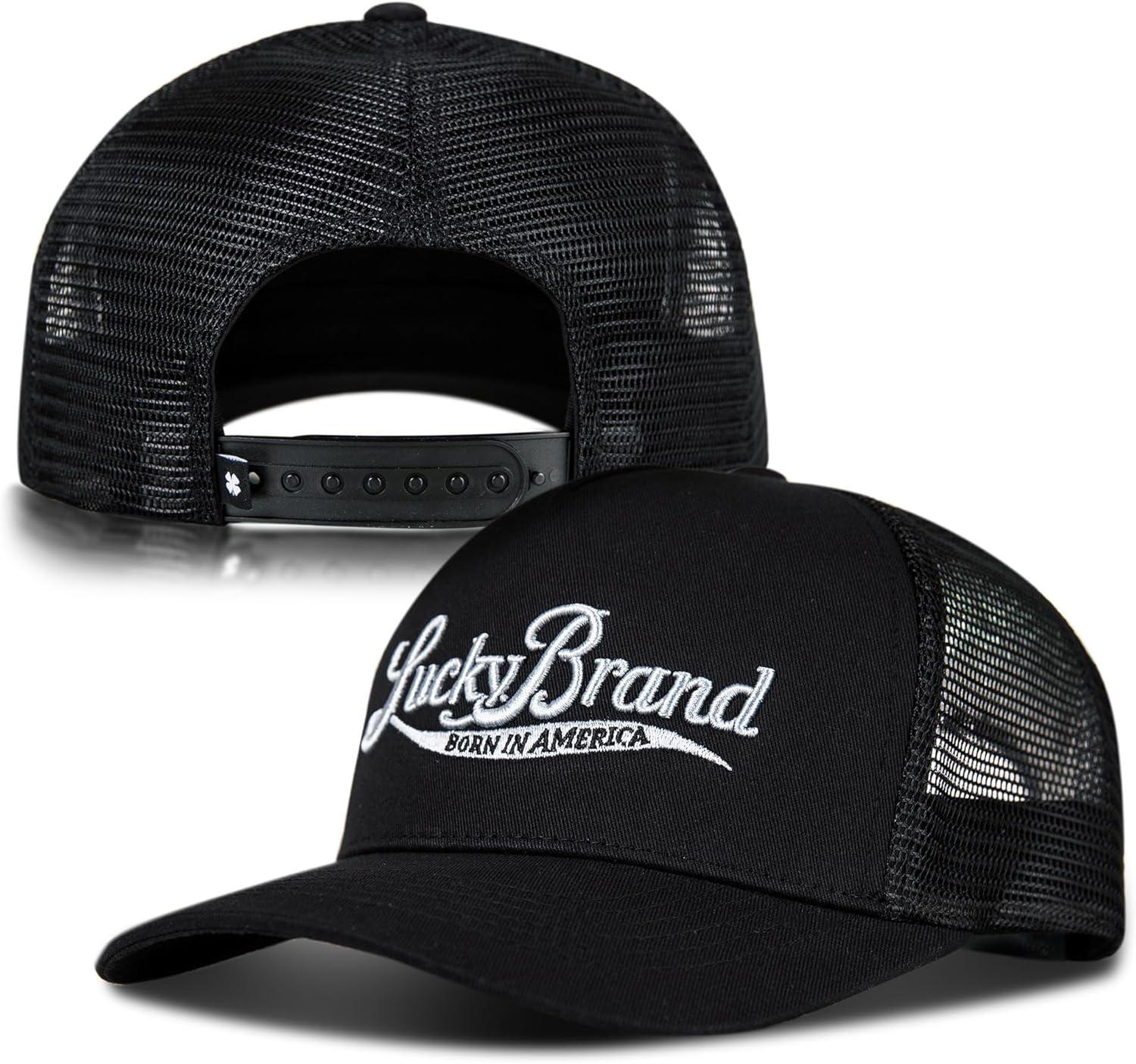 imageLucky Brand Trucker Hat  Snapback  Adjustable  Mesh Back  Retro  Baseball Cap  Golf  Fishing  American HeritageBorn in America  Black