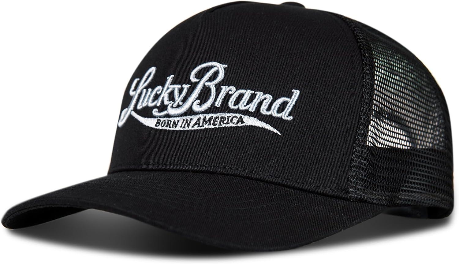 imageLucky Brand Trucker Hat  Snapback  Adjustable  Mesh Back  Retro  Baseball Cap  Golf  Fishing  American HeritageBorn in America  Black