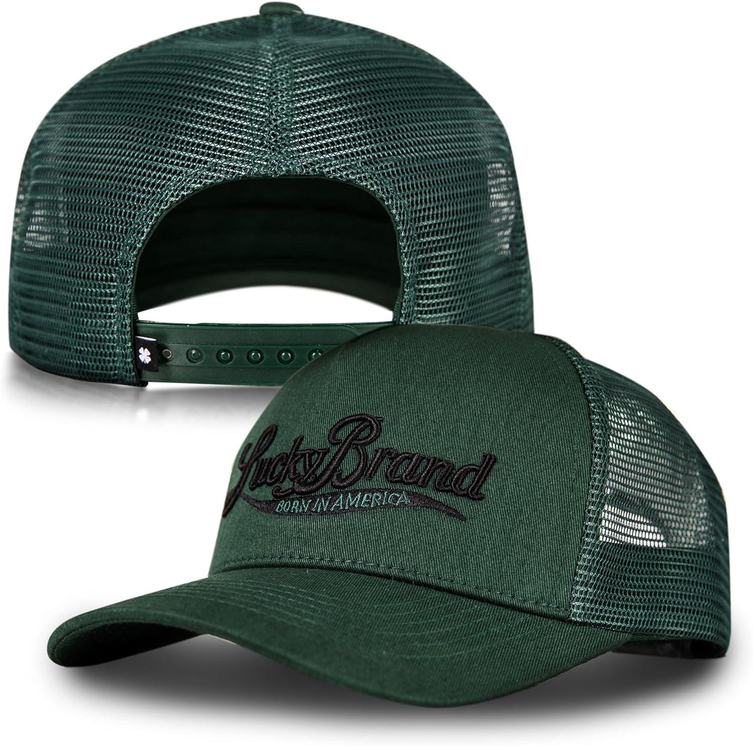 imageLucky Brand Trucker Hat  Snapback  Adjustable  Mesh Back  Retro  Baseball Cap  Golf  Fishing  American HeritageBorn in America  Green