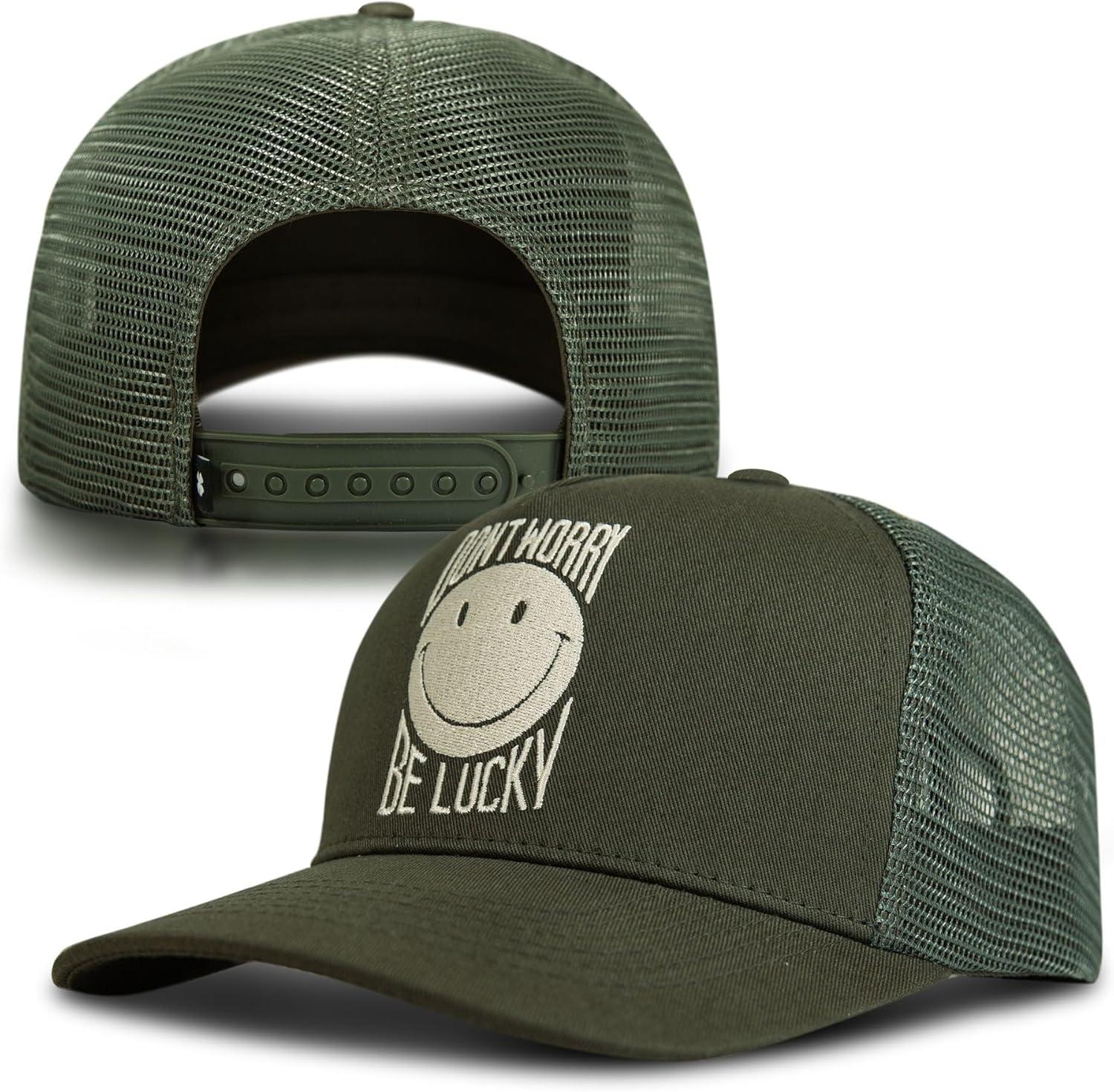 imageLucky Brand Trucker Hat  Snapback  Adjustable  Mesh Back  Retro  Baseball Cap  Golf  Fishing  American HeritageDont Worry  Be Lucky  Olive