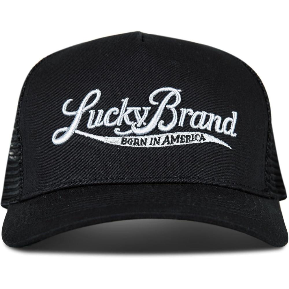 imageLucky Brand Trucker Hat  Snapback  Adjustable  Mesh Back  Retro  Baseball Cap  Golf  Fishing  American HeritageBorn in America  Black