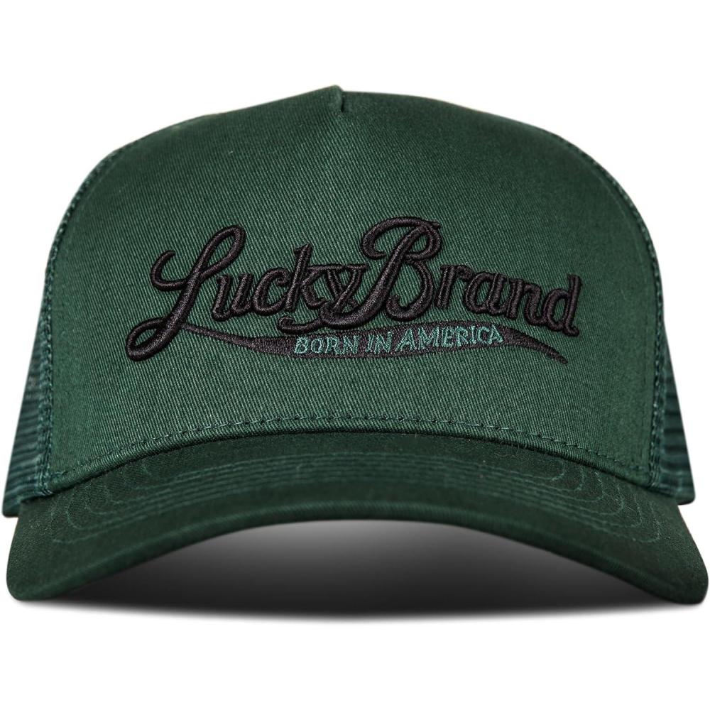 imageLucky Brand Trucker Hat  Snapback  Adjustable  Mesh Back  Retro  Baseball Cap  Golf  Fishing  American HeritageBorn in America  Green