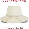 imageLucky Brand Womens Summer Straw Wide Brim Boater Panama Adjustable Hat One Size Fits MostLeather Tie  Gray
