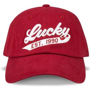 imageLucky Brand Classic Cotton Hat  Adjustable  Dad Hat  Baseball Cap  Golf  Fishing  Low Profile  5 Panel Design1990 Embroidered  Red