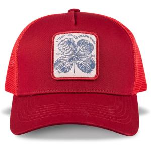 imageLucky Brand Trucker Hat  Snapback  Adjustable  Mesh Back  Baseball Cap  Golf  Fishing  American HeritageClover Patch  Red