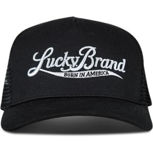 imageLucky Brand Trucker Hat  Snapback  Adjustable  Mesh Back  Retro  Baseball Cap  Golf  Fishing  American HeritageBorn in America  Black