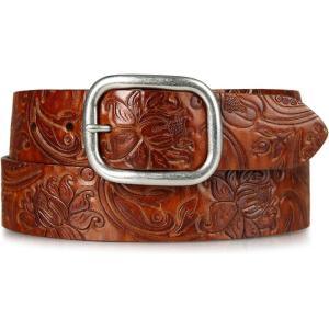 imageLucky Brand Womens Embroidered Leather Belt  Stylish  Classic  WesternInspired  American Heritage  Jean  PantFloral Debossed  Tan