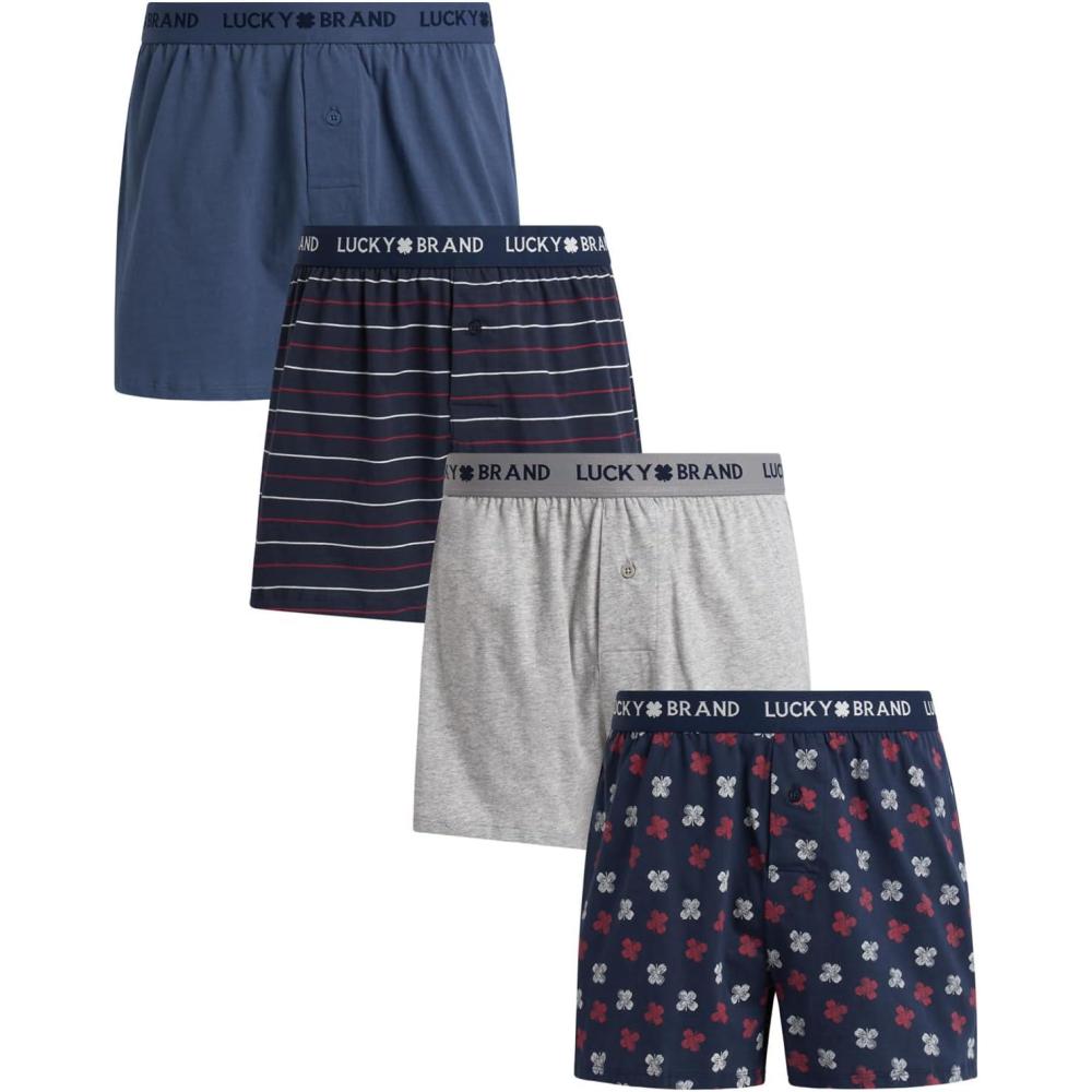 imageLucky Brand Boxers for Men  4 Pack Knitted Mens Underwear with Functional Fly  Classic Mens Boxers SXXLVintage IndigoStripeHeather GreyIndigo Print
