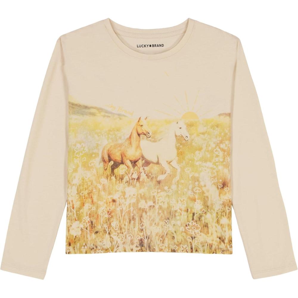imageLucky Brand Girls Long Sleeve Graphic TShirt Tagless Cotton Tee with Fun DesignsParchment Horse Meadow