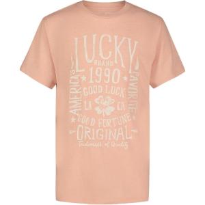 imageLucky Brand Boys Short Sleeve Graphic Crew Neck TShirt Soft Comfortable Relaxed FitFortune Peach Bloom Heather