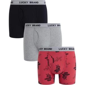 imageLucky Brand Mens Boxer Briefs  3 Pack Soft Stretch Casual Mens Underwear with Functional Fly Pouch Boxers S2XLJet BlackRed PrintGrey Heather
