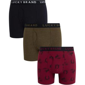 imageLucky Brand Mens Boxer Briefs  3 Pack Soft Stretch Casual Mens Underwear with Functional Fly Pouch Boxers S2XLJet BlackTibetan Red PrintDark Olive Heather