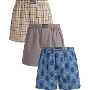 imageLucky Brand Mens Boxer Shorts  3 Pack Woven Cotton Boxers for Men with Functional Fly  Lightweight Mens Underwear BoxersPeyote PlaidLight GreyCoronet Blue Print