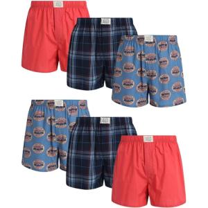 imageLucky Brand Mens Boxer Shorts  6 Pack Relaxed Fit Cotton Boxers with Functional Fly and Elastic Waistband Sizes SXLMood Indigo PlaidMineral RedCoronet Blue Print