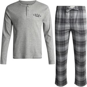 imageLucky Brand Mens Pajama Set  2 Piece Long Sleeve Crewneck Mens Shirts and Flannel Lounge Pants  Cozy Pajama Pants Set SXLGrey Heathersmoked Pearl Plaid