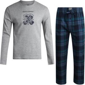imageLucky Brand Mens Pajama Set  2 Piece Long Sleeve Waffle Knit Top and Flannel Fleece Thermal Pants  Cozy Mens Base LayersGrey HeatherMood Indigo Plaid