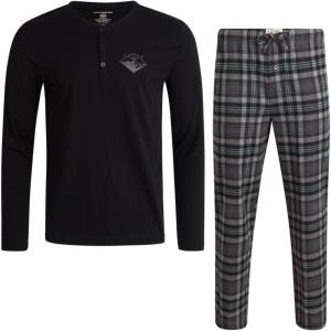 imageLucky Brand Mens Pajama Set  2 Piece Long Sleeve Waffle Knit Top and Flannel Fleece Thermal Pants  Cozy Mens Base LayersJet BlackMedium Grey Plaid
