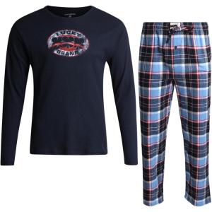 imageLucky Brand Mens Pajama Set  2 Piece Long Sleeve Waffle Knit Top and Flannel Fleece Thermal Pants  Cozy Mens Base LayersMood IndigoBlue Plaid
