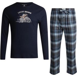 imageLucky Brand Mens Pajama Set  2 Piece Long Sleeve Waffle Knit Top and Flannel Fleece Thermal Pants  Cozy Mens Base LayersMood IndigoGrey Plaid