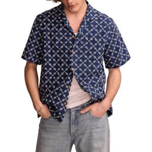 imageLucky Brand Mens Short Sleeve Eyelet Camp Collar ShirtBlue Embroidery