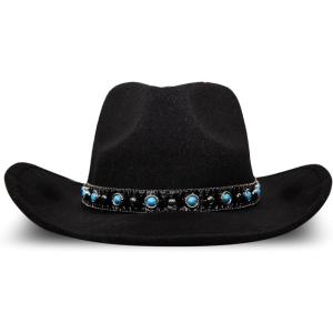 imageLucky Brand Womens Ranger Hat  Wide Brim  Felt  Rancher  Americana  Western Inspired  Classic  Fashion  CowboyCowboy W Turquosie Band  Black