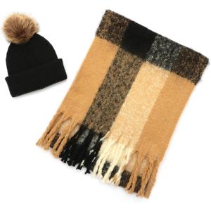 imageLucky Brand womens Woven Check Scarf and Pom Hat Set BoxedBlack