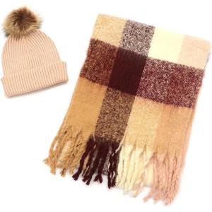 imageLucky Brand womens Woven Check Scarf and Pom Hat Set BoxedRose Smoke