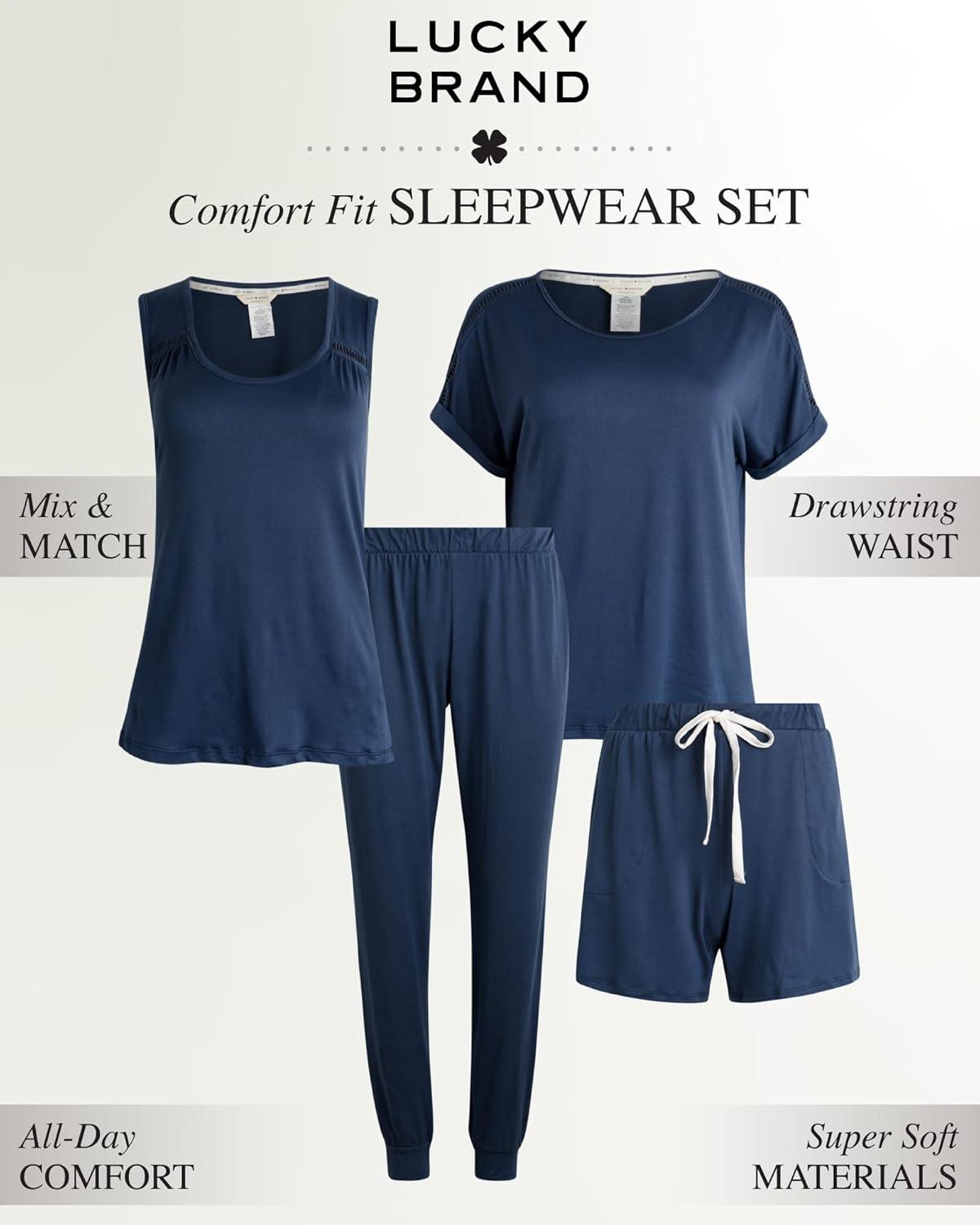 imageLucky Brand Pajamas Set for Women 4Piece Soft Sleepwear  Top Tank Shorts ampamp Pants Comfy Loungewear Pijama para MujerVintage Indigo