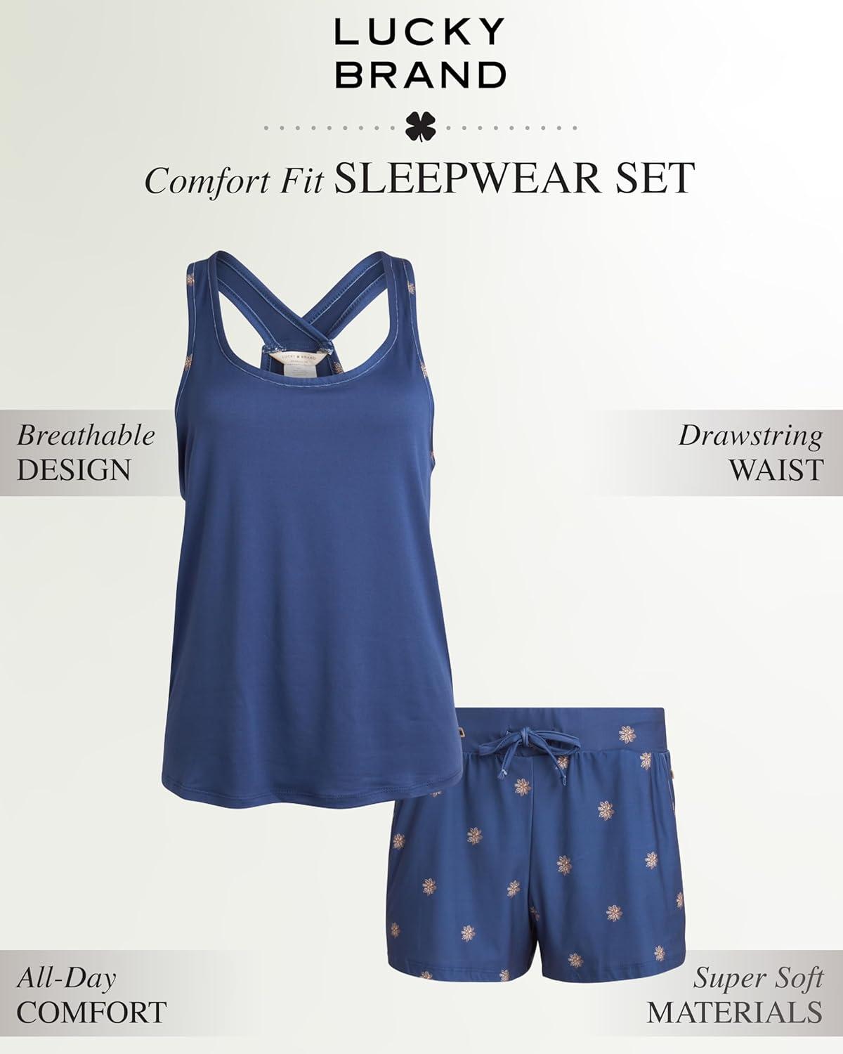 imageLucky Brand Womens 2 Piece Lounge Set Lightweight Soft Pajamas Sleepwear Crossback Tank Top and Sleep ShortsVintage IndigoStar Stamp