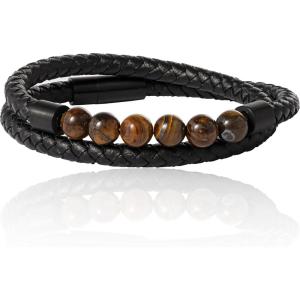 imageLucky Brand Braided Cord Mens Bracelet with Tigers Eye Beads Stainless Steel Bracelet Male Jewelry
