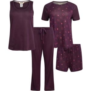 imageLucky Brand Womens Pajama Set  4 Piece Sleep Shirt Tank Top Pajama Pants Lounge Shorts SXLMaroon Stars